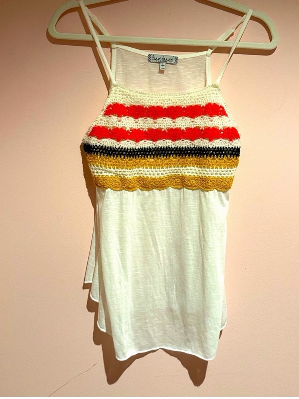 Blu Pepper White Crochet-Trim Halter Tank Top - White with Red/Yellow Stripes